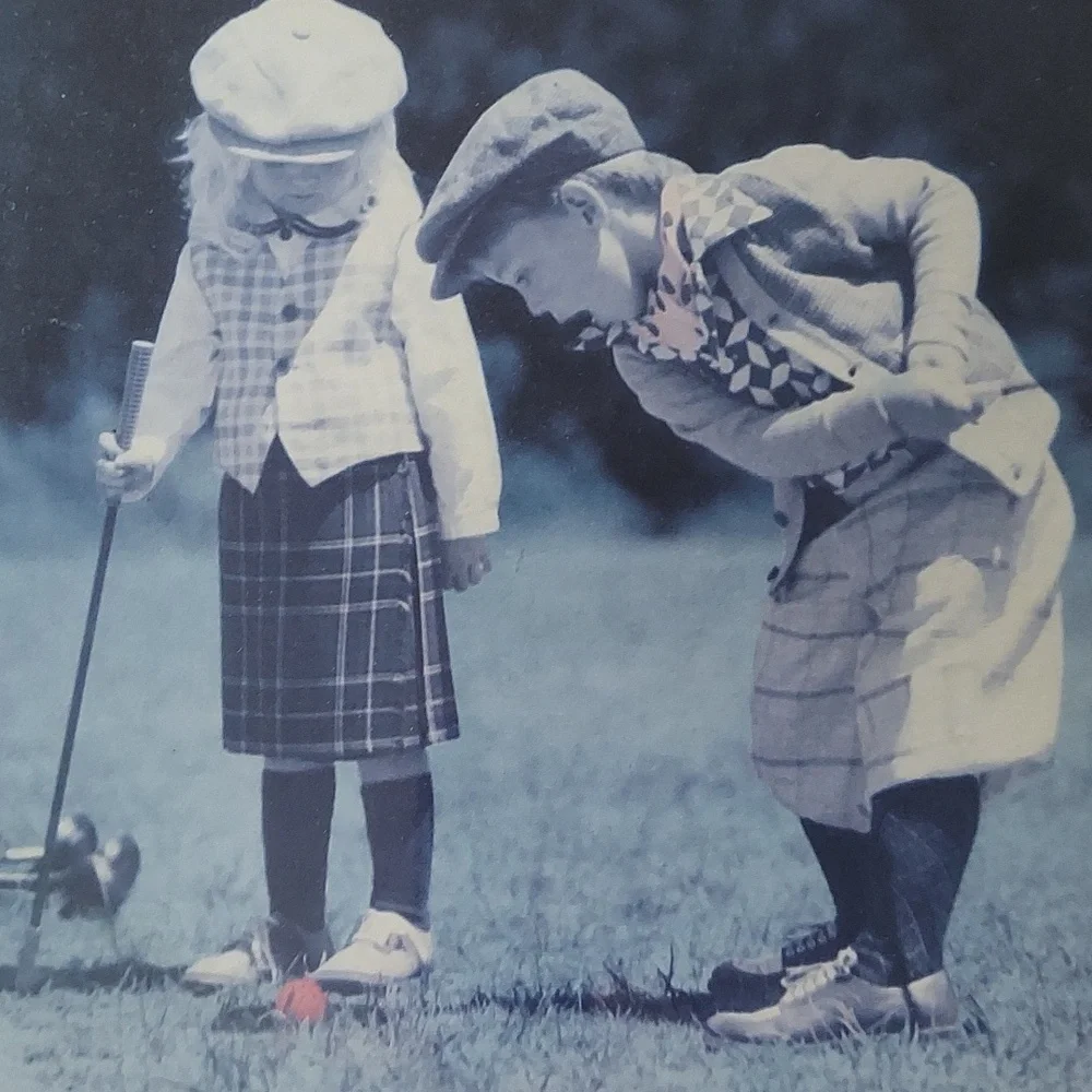1990 Oops! Lil Girl & Boy Vintage Golfers Metal Framed Poster Elyse Lewin 9x12